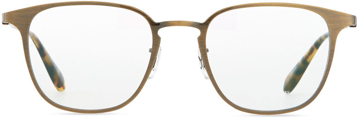 Oliver Peoples Pressman Square Titanium Fashion Glasses Aged Gold, $440 |  Neiman Marcus | Lookastic