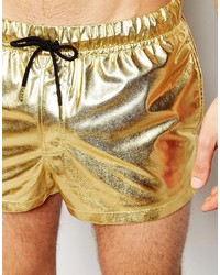 Asos Brand Short Length Swim Shorts In Metallic Gold