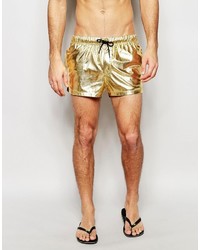 Asos Brand Short Length Swim Shorts In Metallic Gold