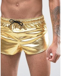 Asos Swim Shorts In Metallic Gold With Extreme Side Split