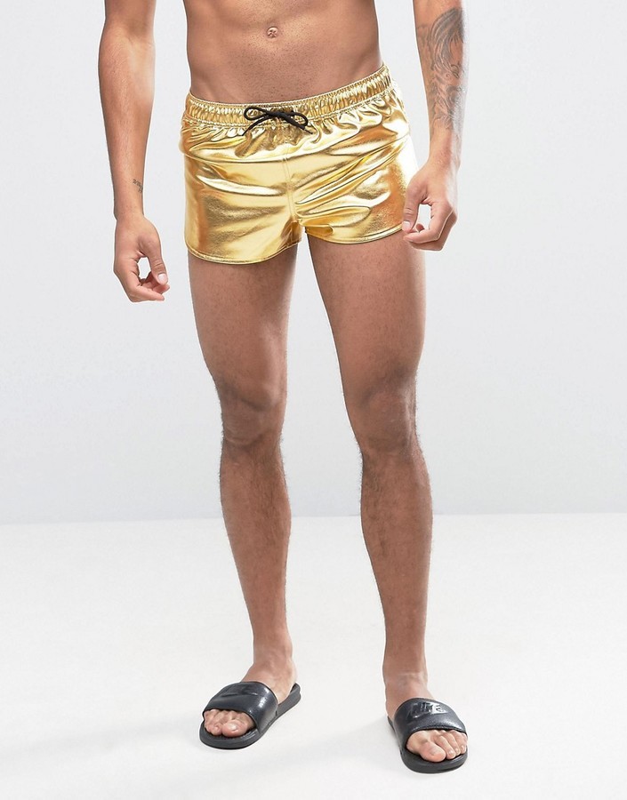 Asos Swim Shorts In Metallic Gold With Extreme Side Split, $29 | Asos ...