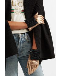 Gucci Bow Embellished Metallic Textured Leather Gloves Gold