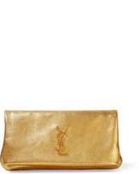 Saint Laurent Monogramme West Hollywood Fold Over Metallic Textured Leather Clutch Gold