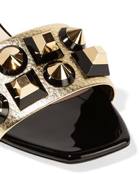 Fendi Studded Metallic Textured And Patent Leather Sandals Gold
