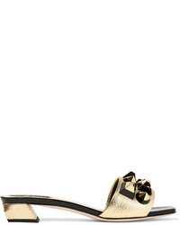 Fendi Studded Metallic Textured And Patent Leather Sandals Gold