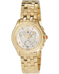 Michele 37mm Belmore Bracelet Chronograph Watch W Diamonds Gold Plate
