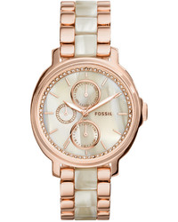 Fossil Chelsey Rose Gold Tone Stainless Steel Shimmer Horn Acetate Bracelet Watch 39mm Es3890