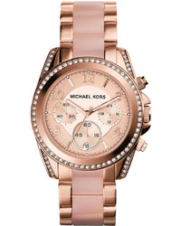 Michael Kors Michl Kors Mid Size Rose Golden Stainless Steel Blair Chronograph Glitz Watch