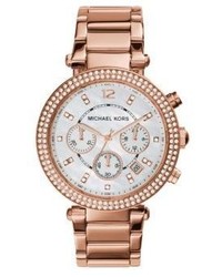 Michael Kors Michl Kors Parker Pave Mother Of Pearl Rose Goldtone Stainless Steel Chronograph Bracelet Watch