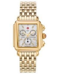 Michele Watches Deco Diamond Mother Of Pearl 18k Goldplated Stainless Steel Chronograph Bracelet Watch