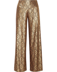 Anna Sui Metallic Devor Chiffon Wide Leg Pants Gold