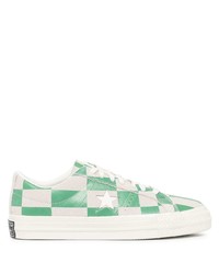 Green Check Leather Low Top Sneakers