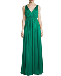 Halston Heritage Sleeveless Shirred Chiffon Overlay Gown Emerald