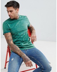 ASOS DESIGN T Shirt With Roll Sleeve With Acid Wash In Khaki