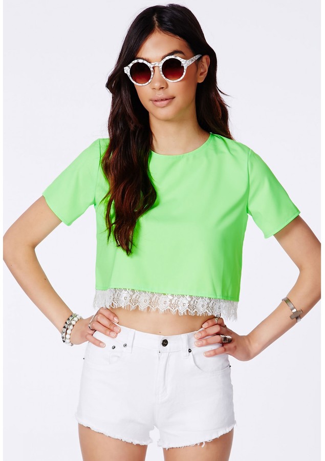 Missguided Neon Green Eyelash Lace Trim Crop Top, $24 | Missguided ...