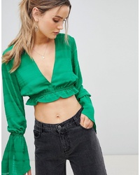 PrettyLittleThing Plunge Flare Sleeve Crop Top