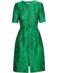 Oscar de la Renta Belted Silk Jacquard Dress Emerald