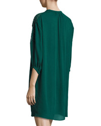 Neiman Marcus Crochet Inset Sleeve Dress Emerald