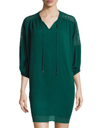 Neiman Marcus Crochet Inset Sleeve Dress Emerald