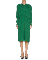 Marni Gathered Neck Long Sleeve Crepe Dress Green