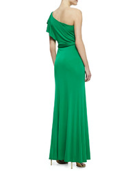 David Meister One Shoulder Ruffle Jersey Gown Green