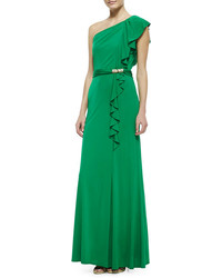 David Meister One Shoulder Ruffle Jersey Gown Green