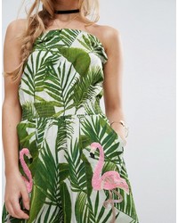 Asos Petite Petite Bandeau Jumpsuit In Print With Embellished Flamingo
