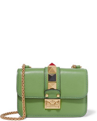 Valentino Lock Mini Embellished Textured Leather Shoulder Bag Leaf Green