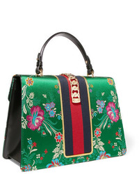 Gucci Sylvie Large Chain Embellished Jacquard And Leather Tote Green