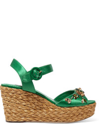 Green Embellished Wedge Sandals
