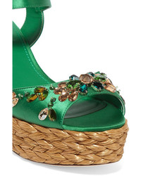Dolce & Gabbana Embellished Satin Wedge Sandals Green
