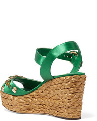 Dolce & Gabbana Embellished Satin Wedge Sandals Green