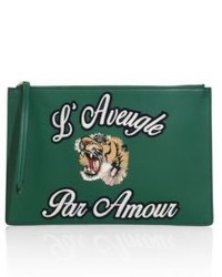 Gucci Lion Embroidered Leather Pouch