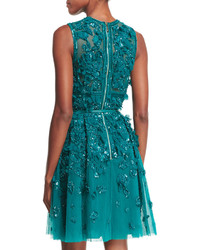 Elie Saab Sleeveless Embroidered Tulle Cocktail Dress Emerald