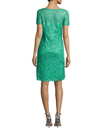 Sue Wong Short Sleeve Embroidered Sheath Dress Emerald