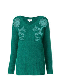 Green Embroidered V-neck Sweater