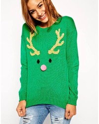 Asos Collection Holidays Sweater With Reindeer Face And Pom Pom