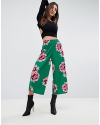 ASOS DESIGN Cropped Wide Leg Trousers In Green Floral Print