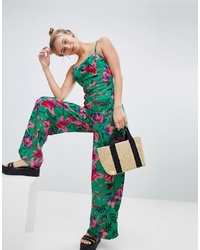 Bershka Floral Printed Jumpsuit In Green
