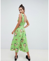 ASOS DESIGN Jumpsuit With Ruched Waist In Green Floral Print