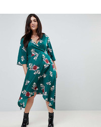 Influence Plus Hanky Hem Floral Wrap Midi Dress With Flared Sleeve