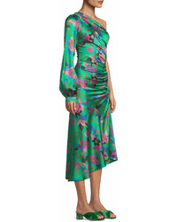 Etro One Sleeve Shirred Floral Print Hammered Silk Midi Dress