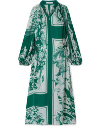 Green Floral Silk Midi Dress