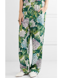 Dolce & Gabbana Floral Print Silk Blend Charmeuse Wide Leg Pants Green