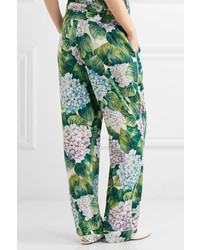 Dolce & Gabbana Floral Print Silk Blend Charmeuse Wide Leg Pants Green