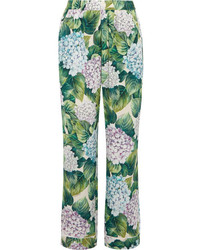 Dolce & Gabbana Floral Print Silk Blend Charmeuse Wide Leg Pants Green