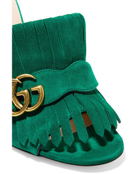 Gucci Marmont Fringed Suede Mules Bright Green