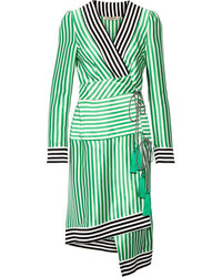 Etro Asymmetric Striped Silk Wrap Dress Green