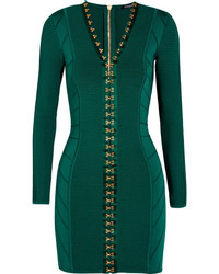 Balmain Ribbed Stretch Knit Mini Dress Emerald