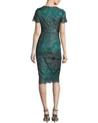 Catherine Deane Short Sleeve Metallic Lace Cocktail Dress Emerald